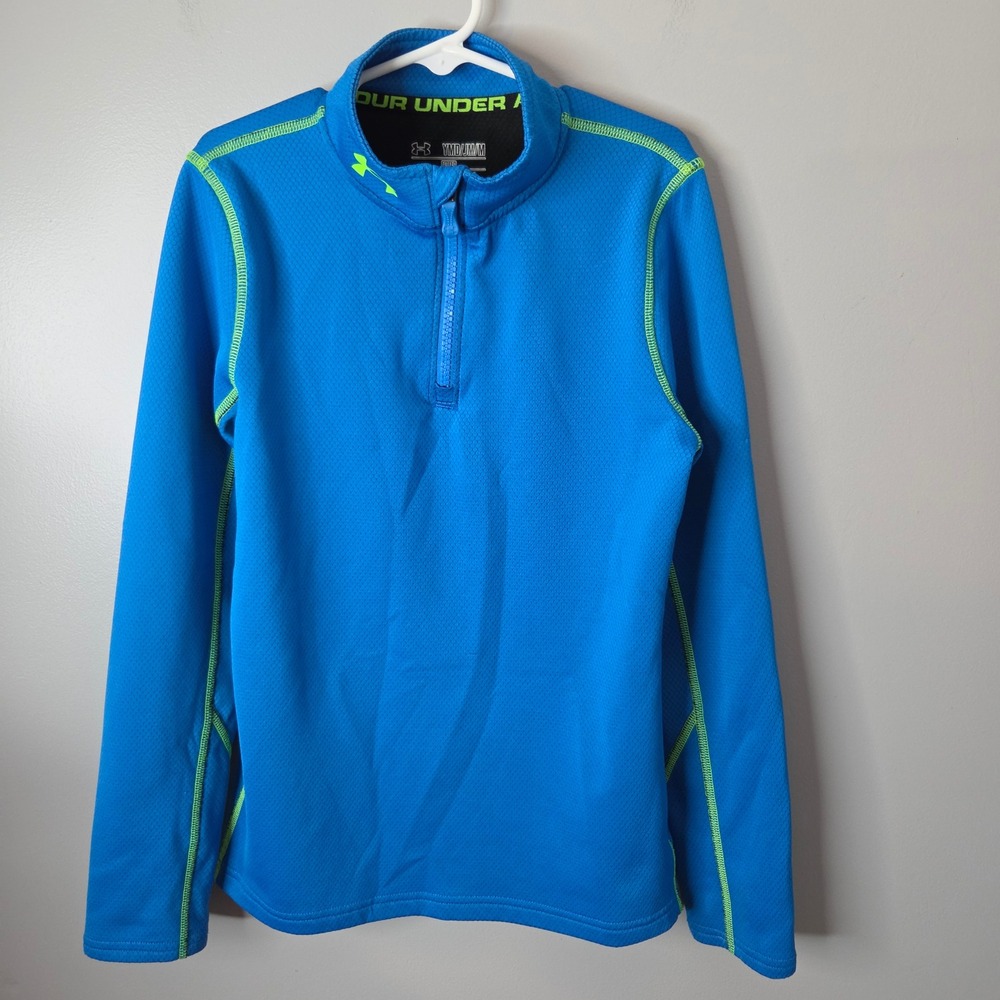 Under Armour Boys ColdGear Fitted 1/4 Zip Pullover Blue Lime Green Size Medium M